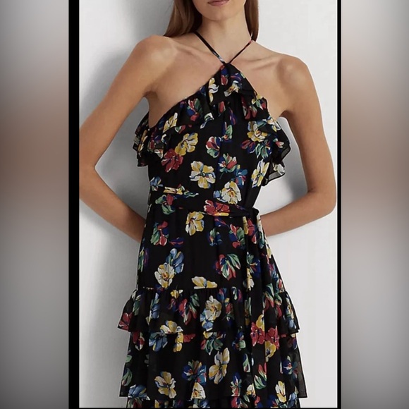 Lauren x Ralph Lauren $295 Dress Floral Georgette Halter Gown Maxi Dress - Picture 3 of 7